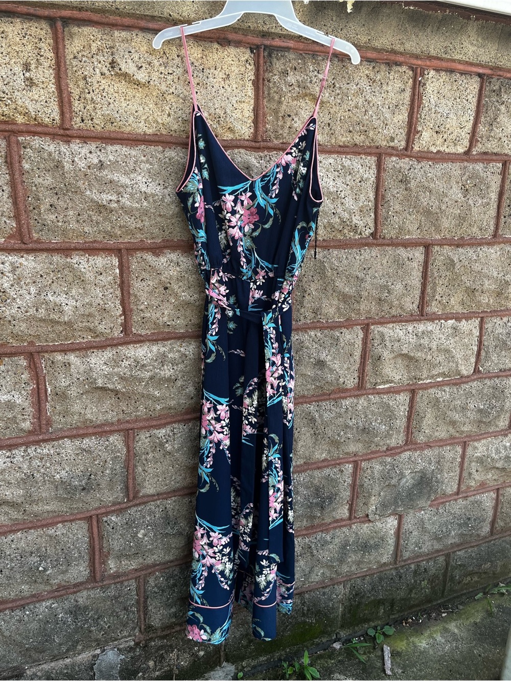 Leith Navy Floral Spaghetti-Strap Jumpsuit with Pink Accents large women